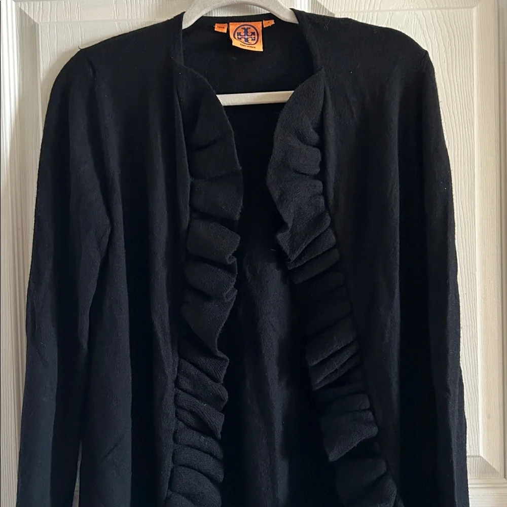 Tory Burch Black Merino Wool Ruffle Trim Open‎ Front Cardigan Sweater Sz Med